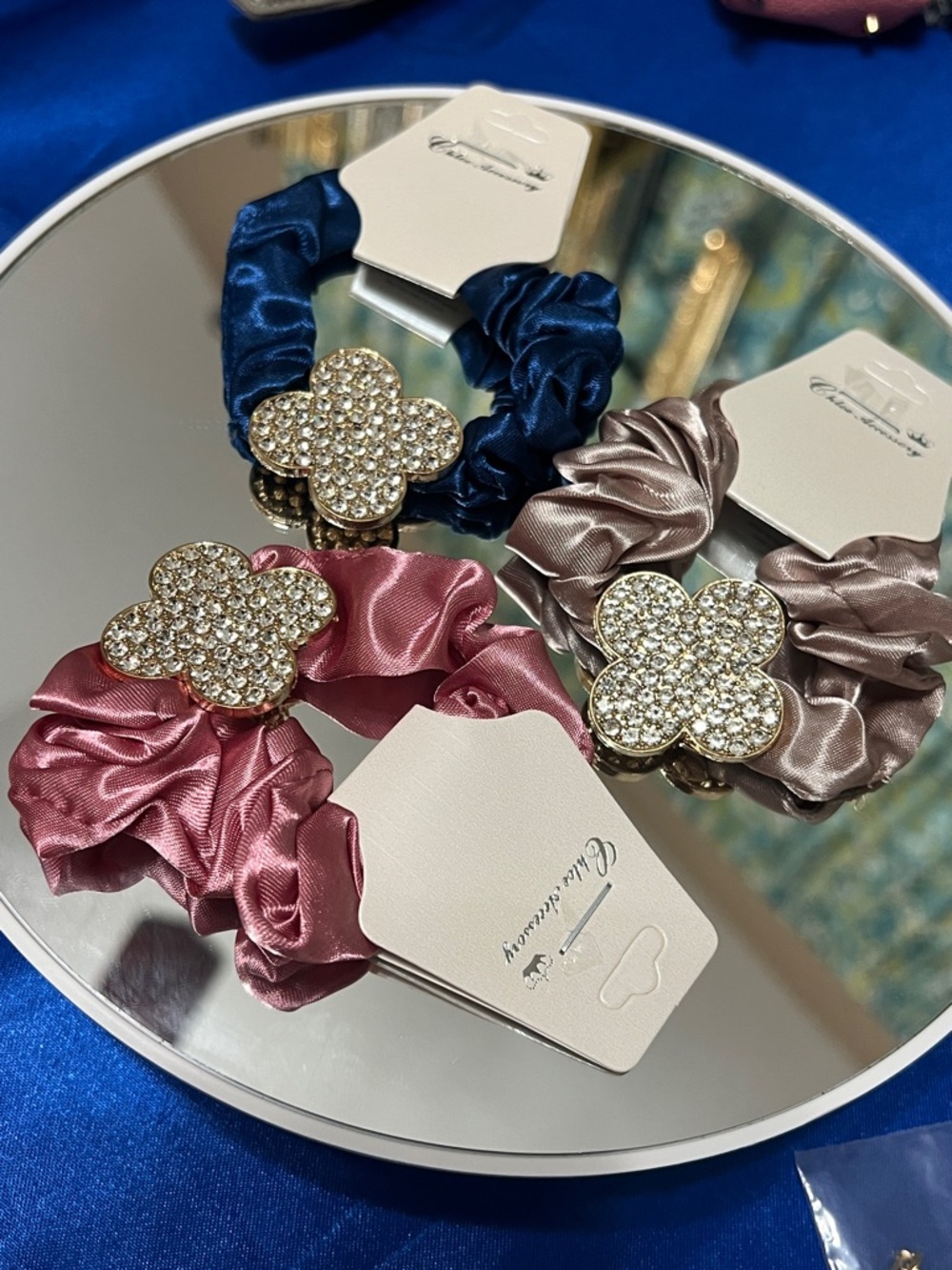 Rhinestone Floral Satin Scrunchie Hair Tie set of 3— Pink, Blue, Taupe